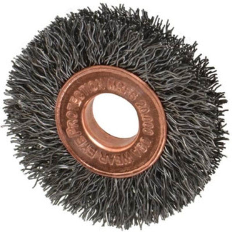 Weiler Abrasives 1-1/2 OD, 3/8 Arbor Hole, Crimped Steel Wheel Brush 1/4 Face Width, 7/16 Trim Length, 0.0104 Filament Diam, 20,000 RPM 93658 – 03598109