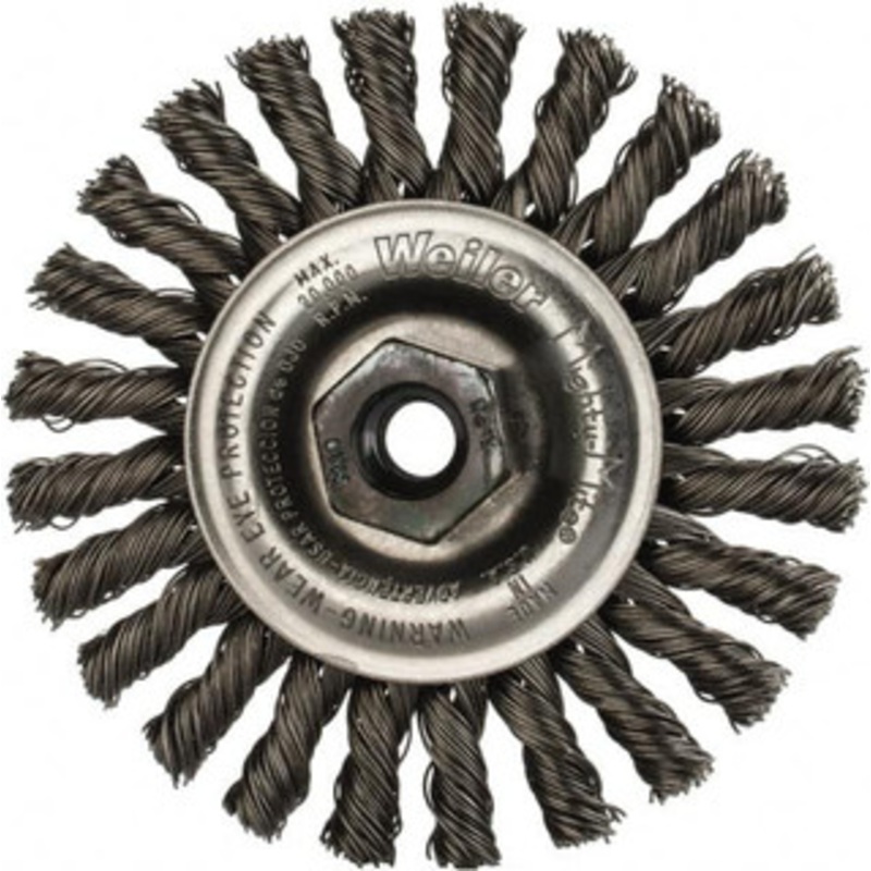 Weiler Abrasives 4 OD, M10x1.25 Arbor Hole, Knotted Steel Wheel Brush 1/4 Face Width, 7/8 Trim Length, 0.02 Filament Diam, 20,000 RPM 94668 – 03597432