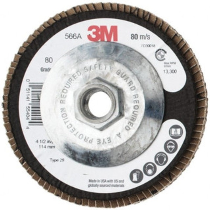 3M 4-1/2 80 Grit 5/8-11 Center Hole Type 29 Zirconia Alumina Flap Disc Medium Grade, Coated, Arbor Attachment, Cloth Backing, 13,300 RPM 7010361794 – 30652309