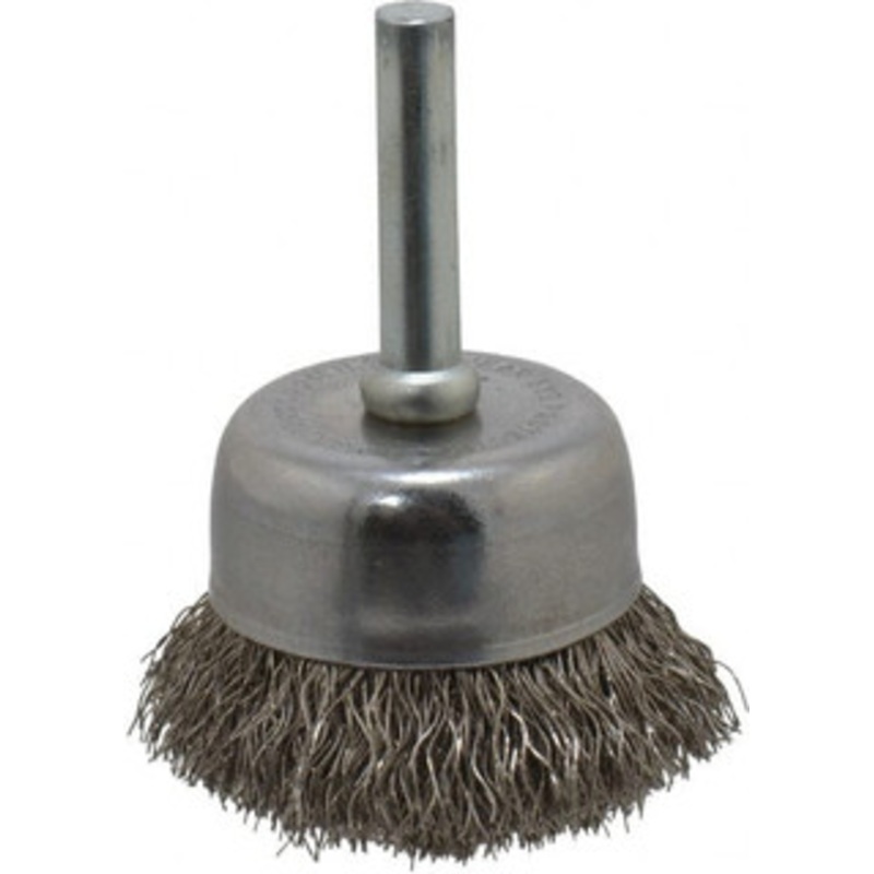 Made in USA 1-3/4 Diam 1/4 Shank Stainless Steel Fill Cup Brush Crimped Wire, 0.0104 Wire Diam, 3/4 Trim, 13,000 Max RPM PB33380 – 03541349
