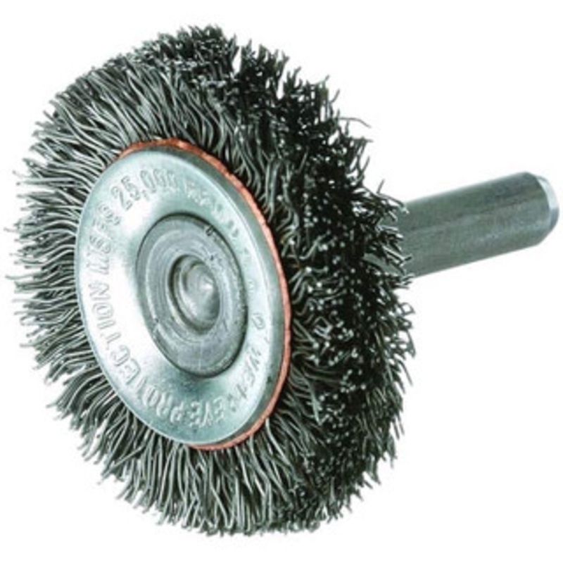 Osborn 3 OD, 1/4 Shank Diam, Crimped Steel Wheel Brush 7/16 Face Width, 3/4 Trim Length, 0.014 Filament Diam, 25,000 RPM 0001144300 – 06082127