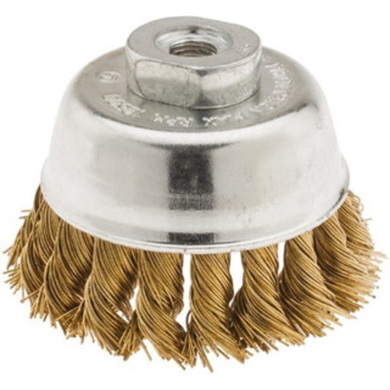 Value Collection 2-3/4 Diam 3/8-24 Threaded Arbor Brass Fill Cup Brush Knotted Wire, 0.02 Wire Diam, 3/4 Trim, 12,500 Max RPM 2107538350 – 74038514