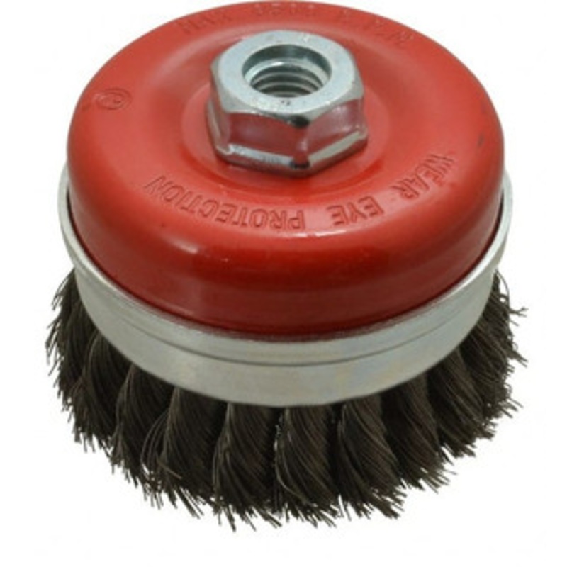 Value Collection 3-3/16 Diam 5/8-11 Threaded Arbor Steel Fill Cup Brush Knotted Wire, 0.0137 Wire Diam, 8,500 Max RPM S04185757 – 04185757