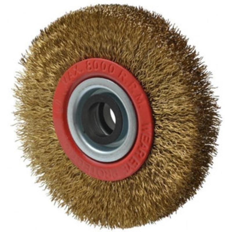 Value Collection 4 OD, 3/4 Arbor Hole, Crimped Brass-Coated Steel Wheel Brush 5/8 Face Width, 11/16 Trim Length, 0.012 Filament Diam, 8,000 RPM S04064721 – 04064721