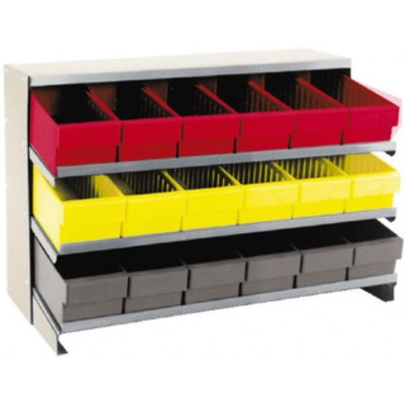 Value Collection 12 Deep x 36 Wide x 21-1/2 High, Steel Bench Rack 1 Side, 18 Red Plastic Bins, 5-5/16 Bin Width x 4-5/8 Bin Height x 11-3/4 Bin Depth 89752182 – 89752182
