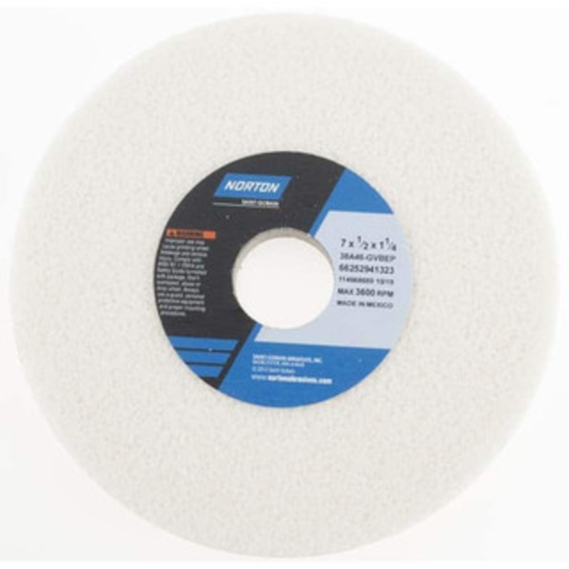Norton 7 Diam x 1-1/4 Hole x 1/2 Thick, G Hardness, 46 Grit Surface Grinding Wheel Aluminum Oxide, Type 1, Coarse Grade, 3,600 Max RPM, Vitrified Bond, No Recess 66252941323 – 97250096