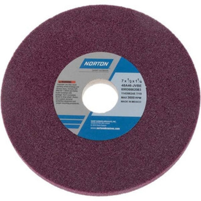 Norton 7 Diam x 1-1/4 Hole x 1/2 Thick, J Hardness, 46 Grit Surface Grinding Wheel Aluminum Oxide, Type 1, Coarse Grade, 3,600 Max RPM, Vitrified Bond, No Recess 69936662083 – 01363225