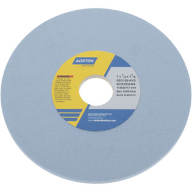 Norton 7 Diam x 1-1/4 Hole x 1/4 Thick, K Hardness, 100 Grit Surface Grinding Wheel Ceramic, Type 1, Fine Grade, 3,600 Max RPM, Vitrified Bond, No Recess 66252939468 – 05008420