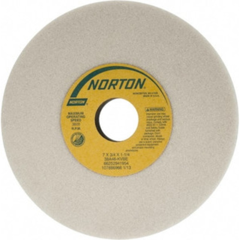 Norton 7 Diam x 1-1/4 Hole x 3/4 Thick, K Hardness, 46 Grit Surface Grinding Wheel Aluminum Oxide, Type 1, Coarse Grade, 3,600 Max RPM, Vitrified Bond, No Recess 66252941954 – 05932934