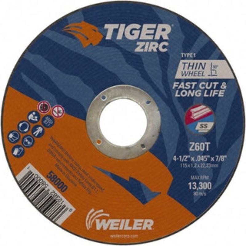 Weiler Abrasives 4-1/2 x 0.045, 7/8 Hole 60 Grit Zirconia Alumina Cutoff Wheel Medium Grade, Reinforced, 13,300 Max RPM, Use with Angle Grinders 58000 – 52027893