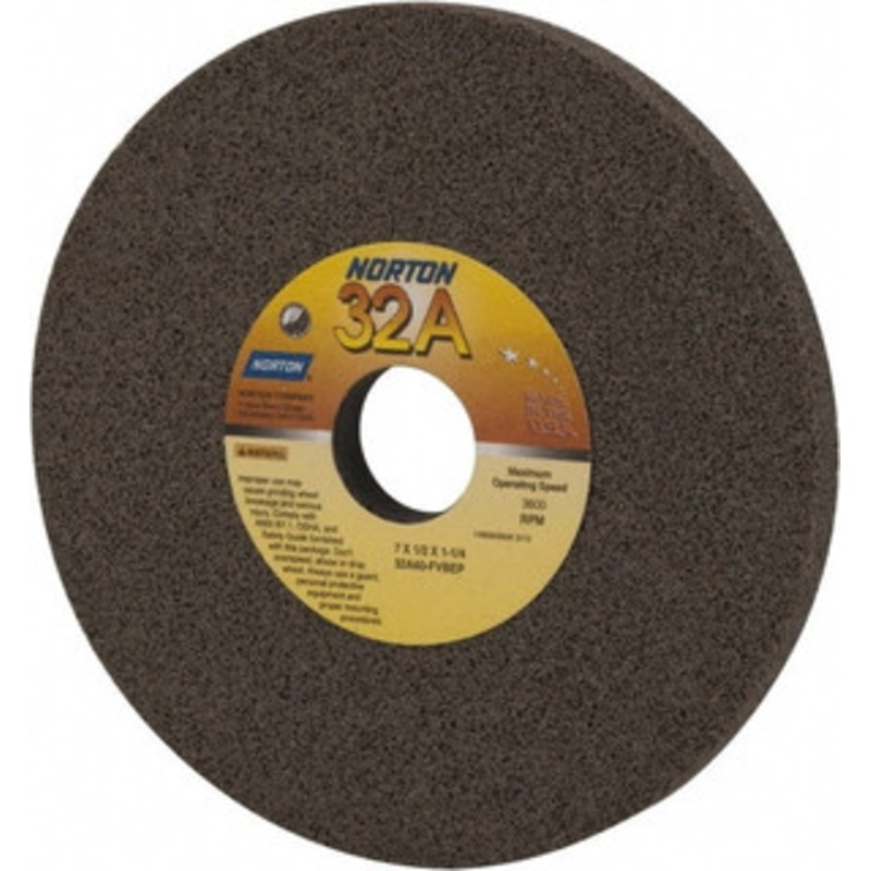 Norton 7 Diam x 1-1/4 Hole x 1/2 Thick, F Hardness, 60 Grit Surface Grinding Wheel Aluminum Oxide, Type 1, Medium Grade, 3,600 Max RPM, Vitrified Bond, No Recess 66252941312 – 97885941