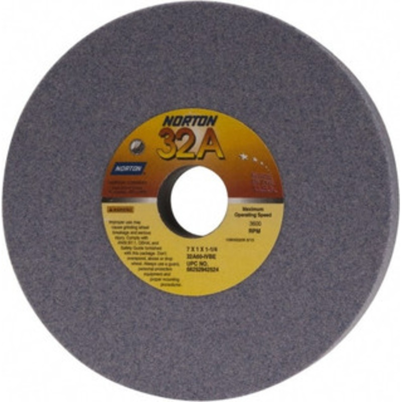 Norton 7 Diam x 1-1/4 Hole x 1 Thick, I Hardness, 60 Grit Surface Grinding Wheel Aluminum Oxide, Type 1, Medium Grade, 3,600 Max RPM, Vitrified Bond, No Recess 66252942524 – 05958020