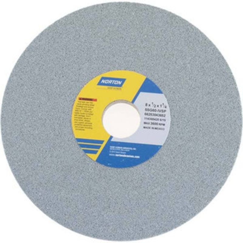 Norton 8 Diam x 1-1/4 Hole x 1/2 Thick, I Hardness, 60 Grit Surface Grinding Wheel Ceramic, Type 1, Medium Grade, 3,600 Max RPM, Vitrified Bond, No Recess 66253043652 – 96722186
