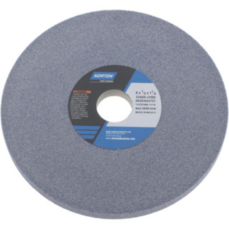 Norton 8 Diam x 1-1/4 Hole x 1/2 Thick, J Hardness, 60 Grit Surface Grinding Wheel Aluminum Oxide, Type 1, Medium Grade, 3,600 Max RPM, Vitrified Bond, No Recess 66253043727 – 05976535