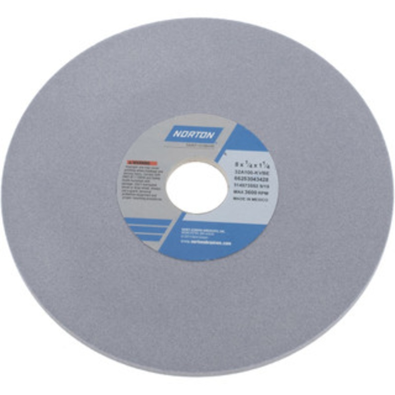 Norton 8 Diam x 1-1/4 Hole x 1/4 Thick, K Hardness, 100 Grit Surface Grinding Wheel Aluminum Oxide, Type 1, Fine Grade, 3,600 Max RPM, Vitrified Bond, No Recess 66253043428 – 05975610