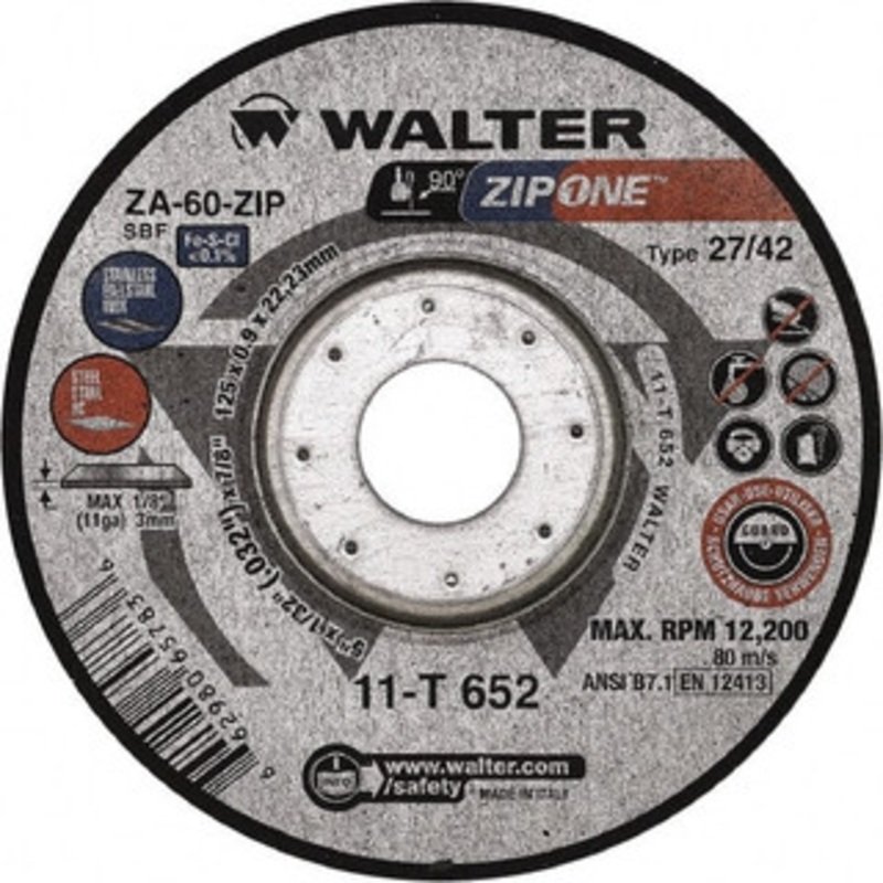 Walter Surface Technologies 60 Grit, 4-1/2 Wheel Diam, 1/32 Wheel Thickness, 7/8 Arbor Hole, Type 27 Depressed Center Wheel Zirconia Alumina, Resinoid Bond, 13,300 Max RPM 11T642 – 44704492