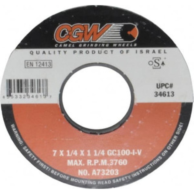 CGW Abrasives 7 Diam x 1-1/4 Hole x 1/4 Thick, I Hardness, 100 Grit Surface Grinding Wheel Silicon Carbide, Type 1, Fine Grade, 3,760 Max RPM, Vitrified Bond, No Recess 34613 – 09493149