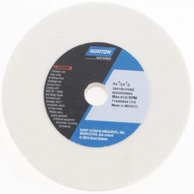 Norton 100 Grit Aluminum Oxide Type 1 Internal Grinding Wheel 4 Diam x 1/2 Hole x 1/2 Thick, 8,120 Max RPM, Type 1 Fine Grade, K Hardness, Vitrified Bond, No Recess 66243529954 – 97524961