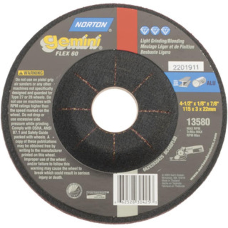 Norton 60 Grit, 4-1/2 Wheel Diam, 1/8 Wheel Thickness, 7/8 Arbor Hole, Type 27 Depressed Center Wheel Aluminum Oxide, 12,000 Max RPM 66252830425 – 58391723