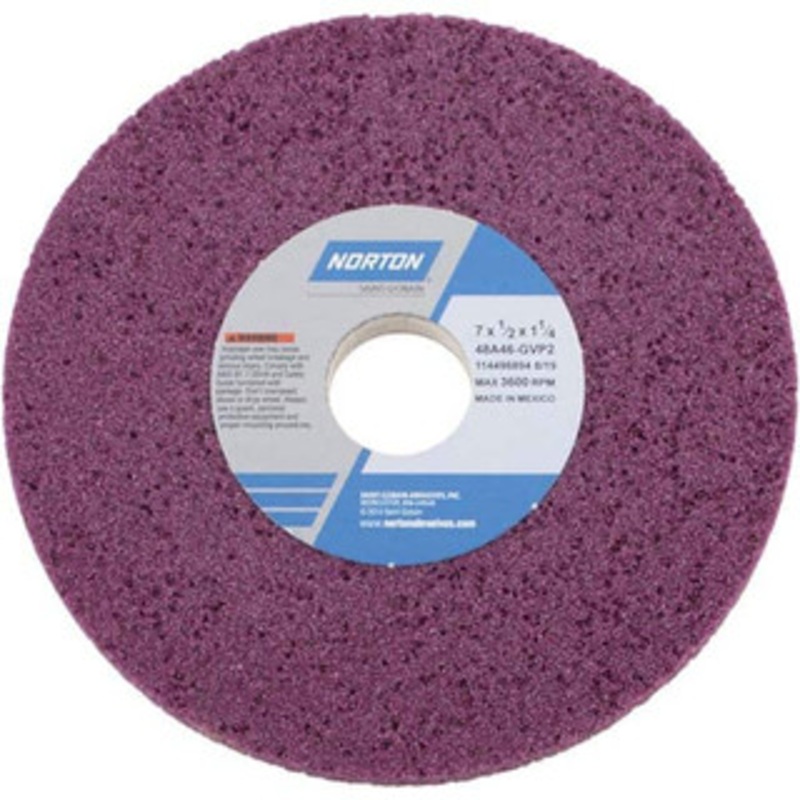 Norton 7 Diam x 1-1/4 Hole x 1/2 Thick, G Hardness, 46 Grit Surface Grinding Wheel Aluminum Oxide, Type 1, Coarse Grade, 3,600 Max RPM, Vitrified Bond, No Recess 66252916214 – 82028689