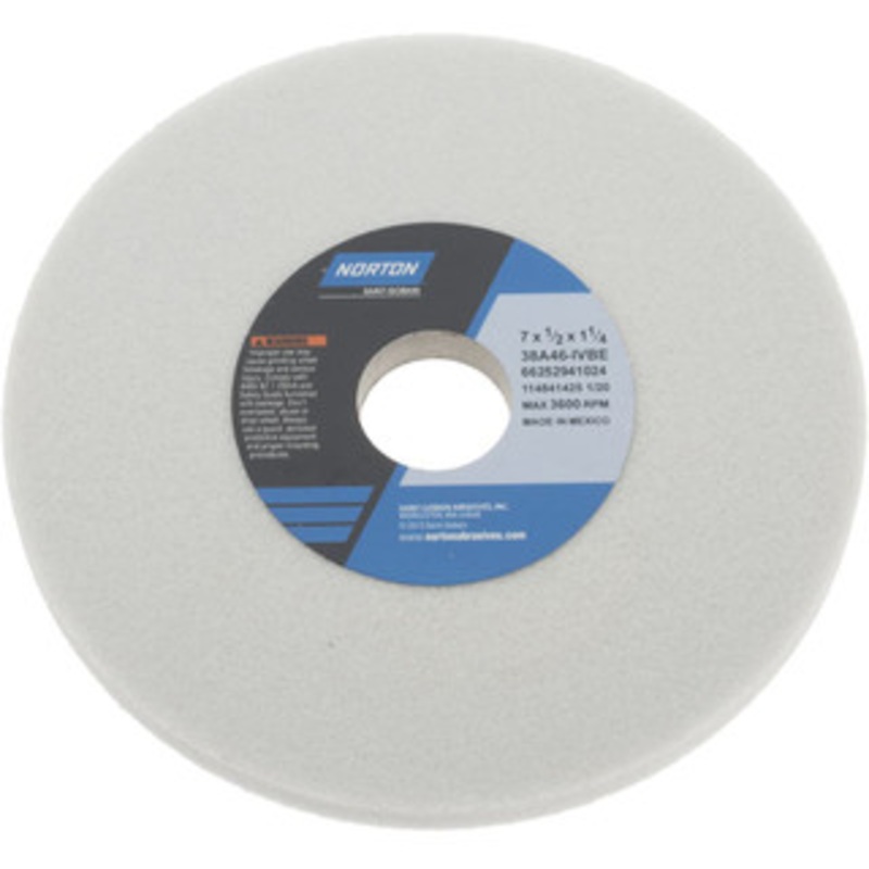 Norton 7 Diam x 1-1/4 Hole x 1/2 Thick, I Hardness, 46 Grit Surface Grinding Wheel Aluminum Oxide, Type 1, Coarse Grade, 3,600 Max RPM, Vitrified Bond, No Recess 66252941024 – 05934625