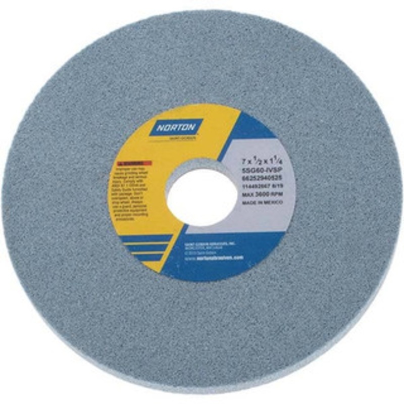Norton 7 Diam x 1-1/4 Hole x 1/2 Thick, I Hardness, 60 Grit Surface Grinding Wheel Ceramic, Type 1, Medium Grade, 3,600 Max RPM, Vitrified Bond, No Recess 66252940525 – 05008248