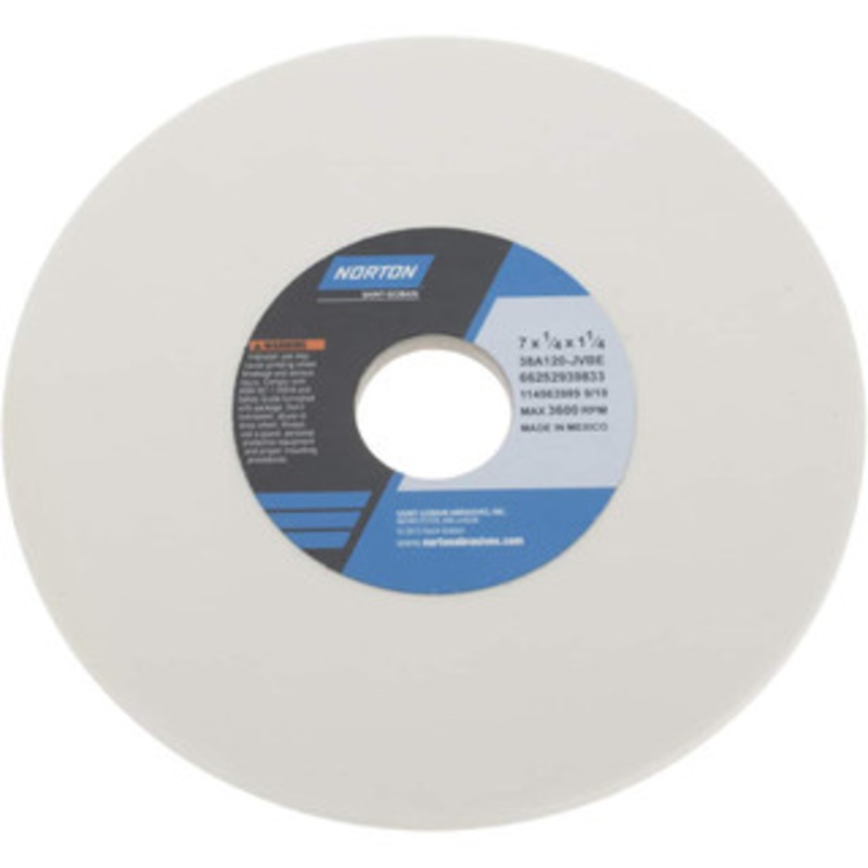 Norton 7 Diam x 1-1/4 Hole x 1/4 Thick, J Hardness, 120 Grit Surface Grinding Wheel Aluminum Oxide, Type 1, Fine Grade, 3,600 Max RPM, Vitrified Bond, No Recess 66252939833 – 05948997