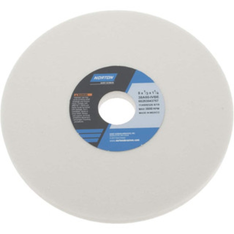 Norton 8 Diam x 1-1/4 Hole x 1/2 Thick, I Hardness, 60 Grit Surface Grinding Wheel Aluminum Oxide, Type 1, Medium Grade, 3,600 Max RPM, Vitrified Bond, No Recess 66253043757 – 05976469