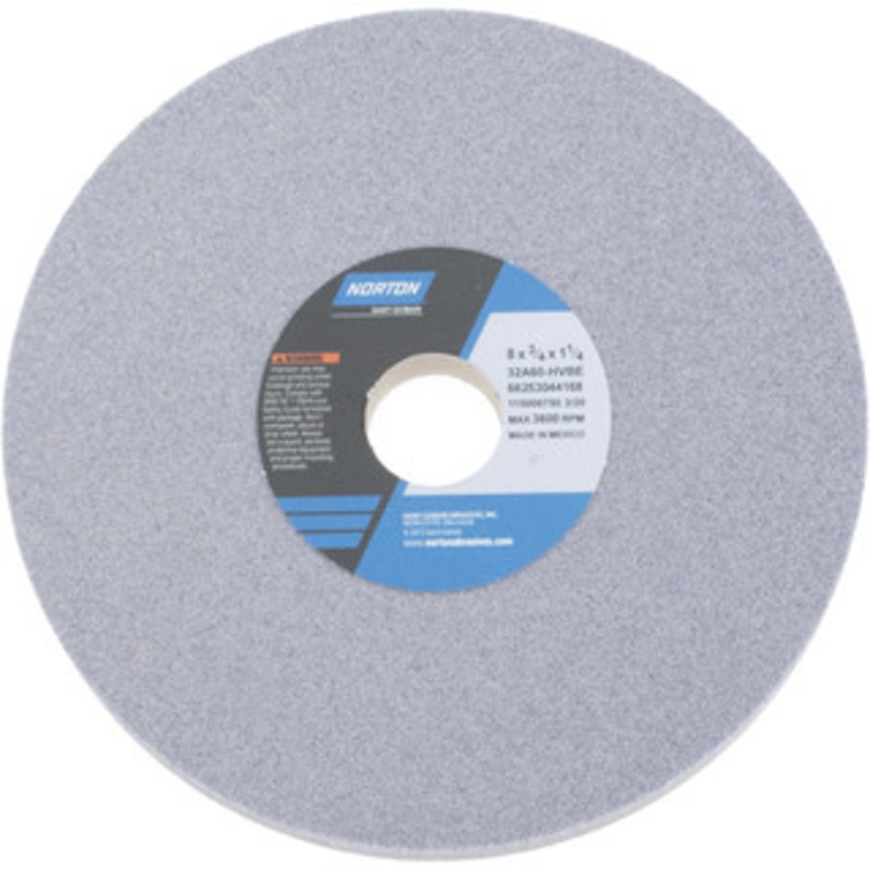 Norton 8 Diam x 1-1/4 Hole x 3/4 Thick, H Hardness, 60 Grit Surface Grinding Wheel Aluminum Oxide, Type 1, Medium Grade, 3,600 Max RPM, Vitrified Bond, No Recess 66253044168 – 90899956