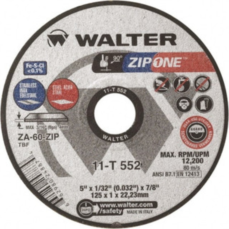 Walter Surface Technologies 5 x 1/32, 7/8 Hole Zirconia Alumina Cutoff Wheel Reinforced, 12,200 Max RPM, Use with Angle Grinders 11T552 – 44659936