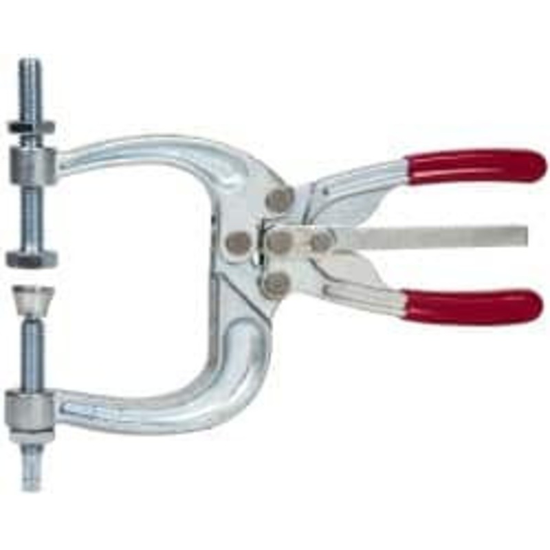 Destaco 3113.76 N Load Capacity, 2.72 Throat Depth, 8.51 OAL, Carbon Steel, C Style Plier Clamp 4.65 Max Jaw Capacity, M10x1.25 Spindle, 4.65 Open Throat Height, Red Handle, Spindle End 463 – 06996706