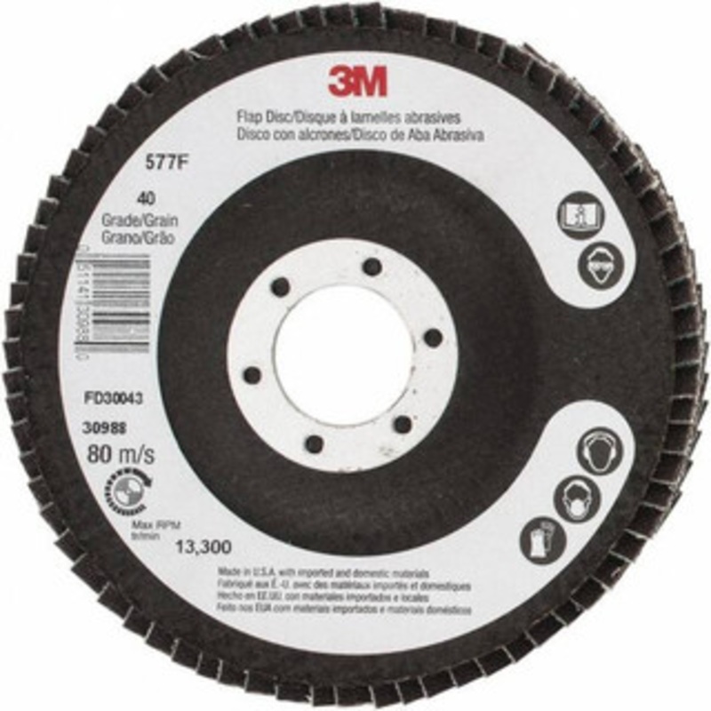 3M 4-1/2 40 Grit 7/8 Center Hole Type 29 Zirconia Alumina Flap Disc Coarse Grade, Coated, Arbor Attachment, Cloth Backing, 13,300 RPM 7000119472 – 78924297
