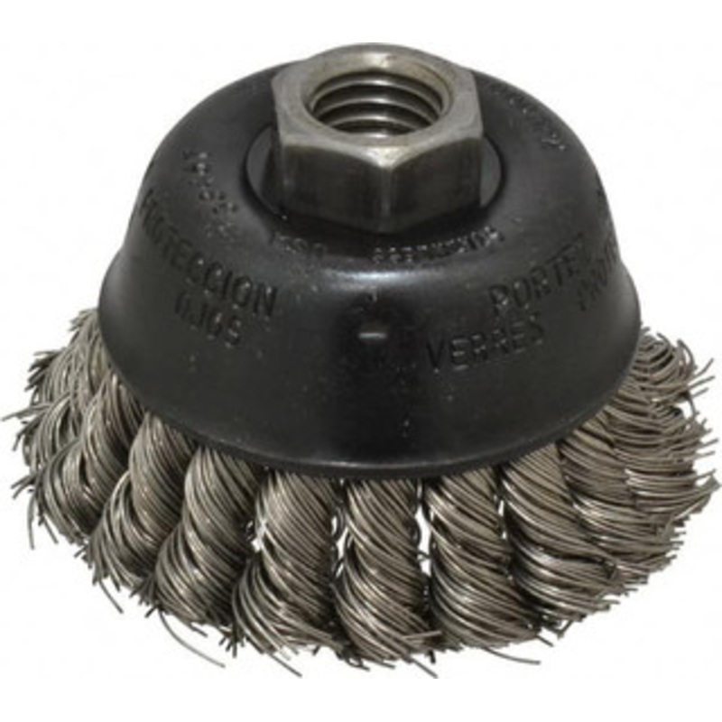 Osborn 2-3/4 Diam 5/8-11 Threaded Arbor Stainless Steel Fill Cup Brush Knotted Wire, 0.02 Wire Diam, 14,000 Max RPM 0003357300 – 00221846