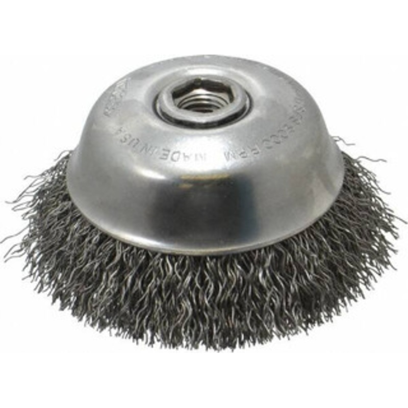 Osborn 4 Diam 5/8-11 Threaded Arbor Steel Fill Cup Brush Crimped Wire, 0.02 Wire Diam, 1-1/8 Trim, 9,000 Max RPM 0003213400 – 00221390
