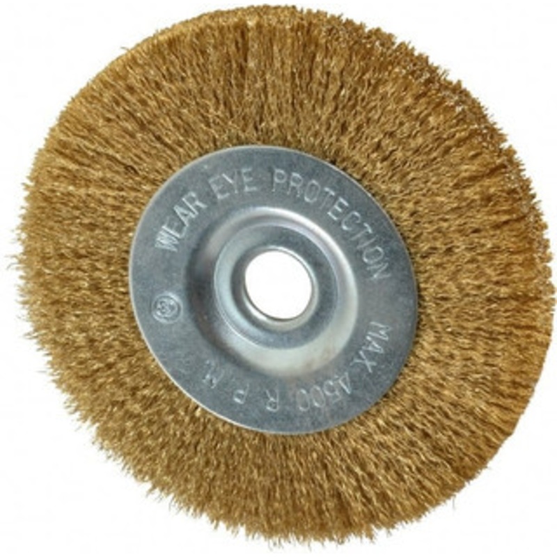 Value Collection 4 OD, 1/2 Arbor Hole, Crimped Brass-Coated Steel Wheel Brush 1/2 Face Width, 7/8 Trim Length, 0.007 Filament Diam, 4,500 RPM S04065090 – 04065090