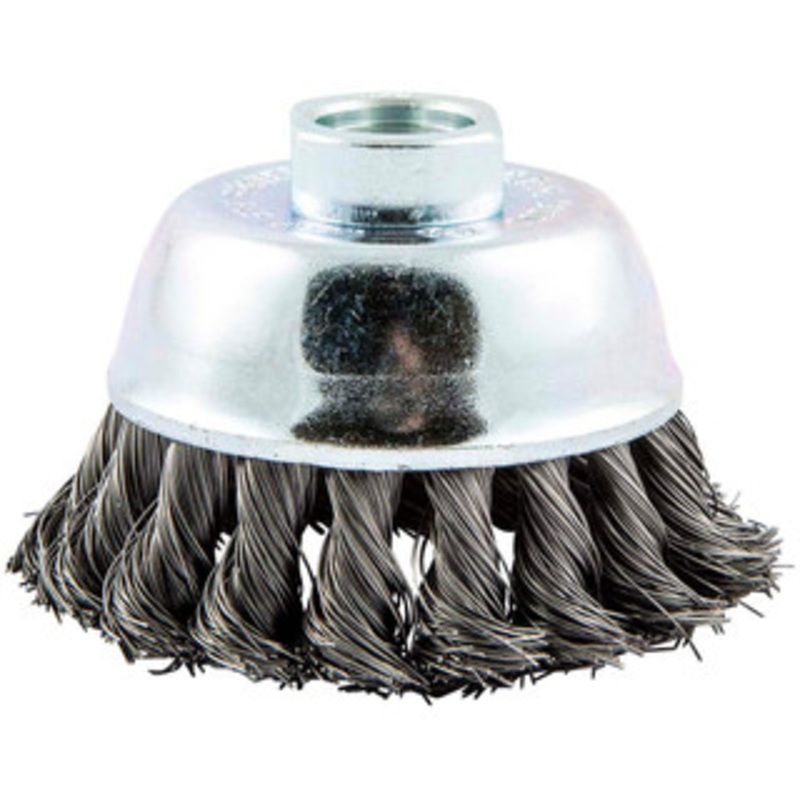 Norton 2-3/4 Diam 5/8-11 Threaded Arbor Carbon Steel Fill Cup Brush Knotted Wire, 0.014 Wire Diam, 1 Trim, 14,000 Max RPM 66252839109 – 29990850