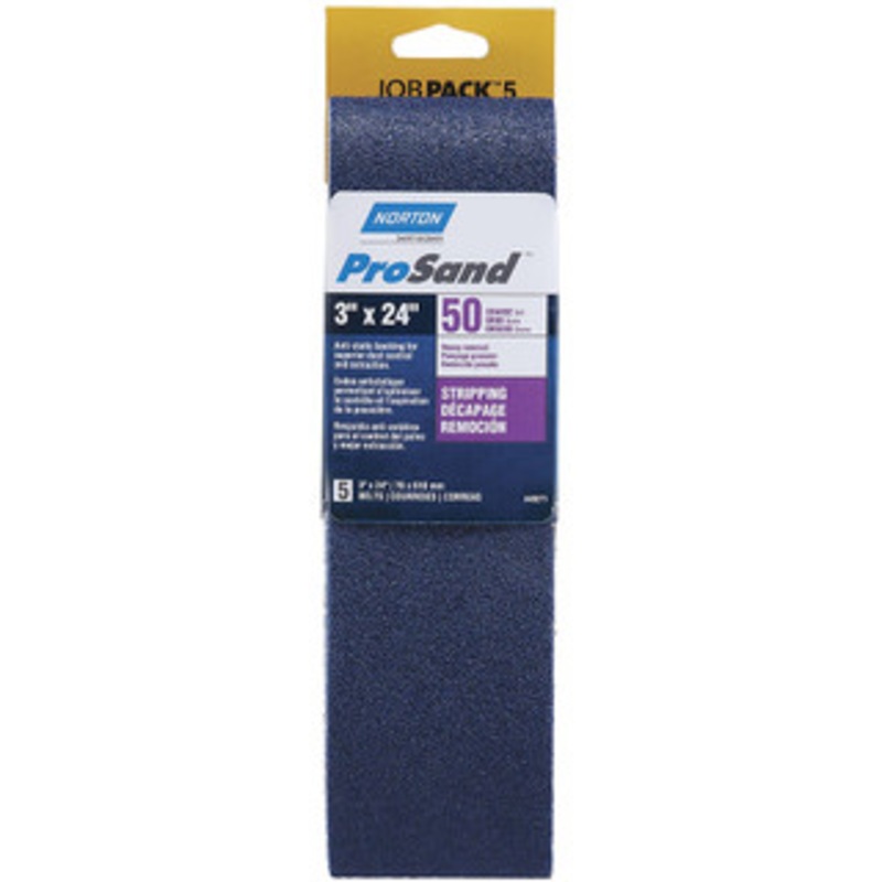 Norton 3 Wide x 24 OAL, 50 Grit, Zirconia Alumina Abrasive Belt Zirconia Alumina, Coarse, Coated, Y Weighted Cloth Backing, Series 3X 07660749271 – 03061843