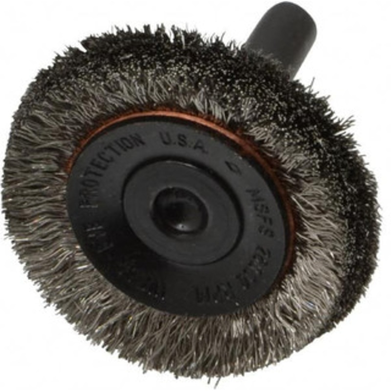 Osborn 1-1/2 OD, 1/4 Shank Diam, Crimped Stainless Steel Wheel Brush 3/8 Face Width, 3/8 Trim Length, 0.006 Filament Diam, 20,000 RPM 0001147100 – 06082408