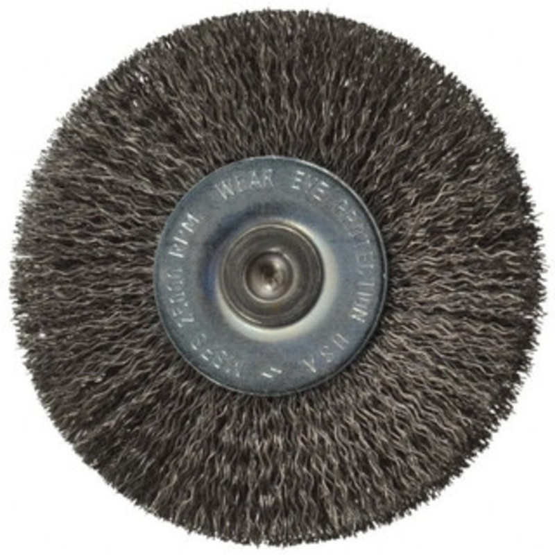 Osborn 2-1/2 OD, 1/4 Shank Diam, Crimped Steel Wheel Brush 7/16 Face Width, 11/16 Trim Length, 0.008 Filament Diam, 25,000 RPM 0001143900 – 06082085