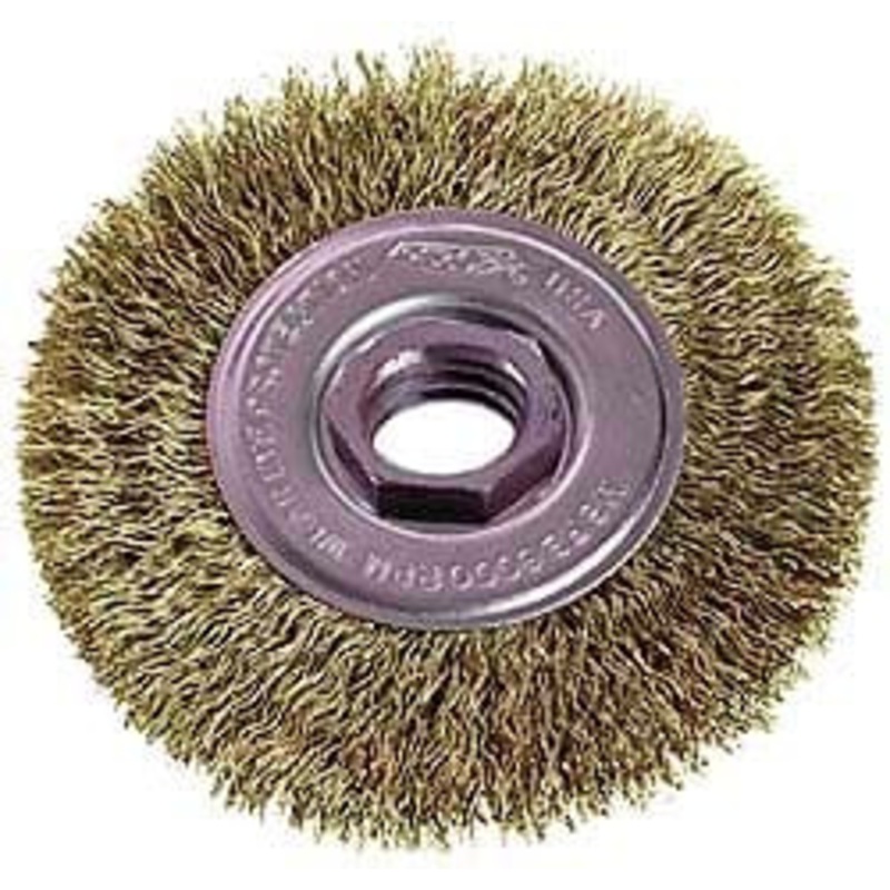 Osborn 4 OD, M10x1.50 Arbor Hole, Crimped Steel Wheel Brush 1/2 Face Width, 7/8 Trim Length, 0.014 Filament Diam, 15,000 RPM 0002141500 – 06082523