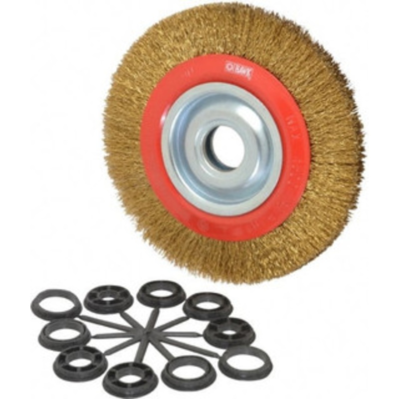 Value Collection 8 OD, 1-1/4 Arbor Hole, Crimped Brass-Coated Steel Wheel Brush 3/4 Face Width, 1-11/32 Trim Length, 0.014 Filament Diam, 4,500 RPM S04064663 – 04064663