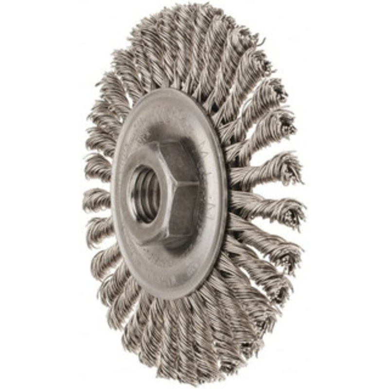 Weiler Abrasives 4 OD, 5/8-11 Arbor Hole, Knotted Stainless Steel Wheel Brush 3/16 Face Width, 7/8 Trim Length, 0.02 Filament Diam, 20,000 RPM 94659 – 03597341