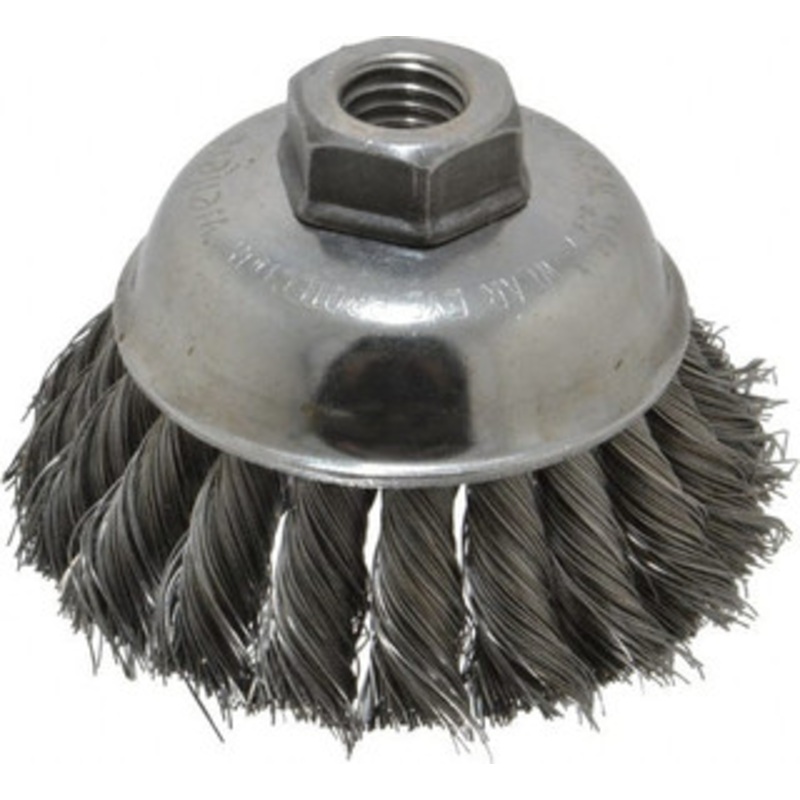 Weiler Abrasives 3-1/2 Diam 5/8-11 Threaded Arbor Steel Fill Cup Brush Knotted Wire, 0.014 Wire Diam, 1-1/4 Trim, 9,000 Max RPM 94690 – 03597903
