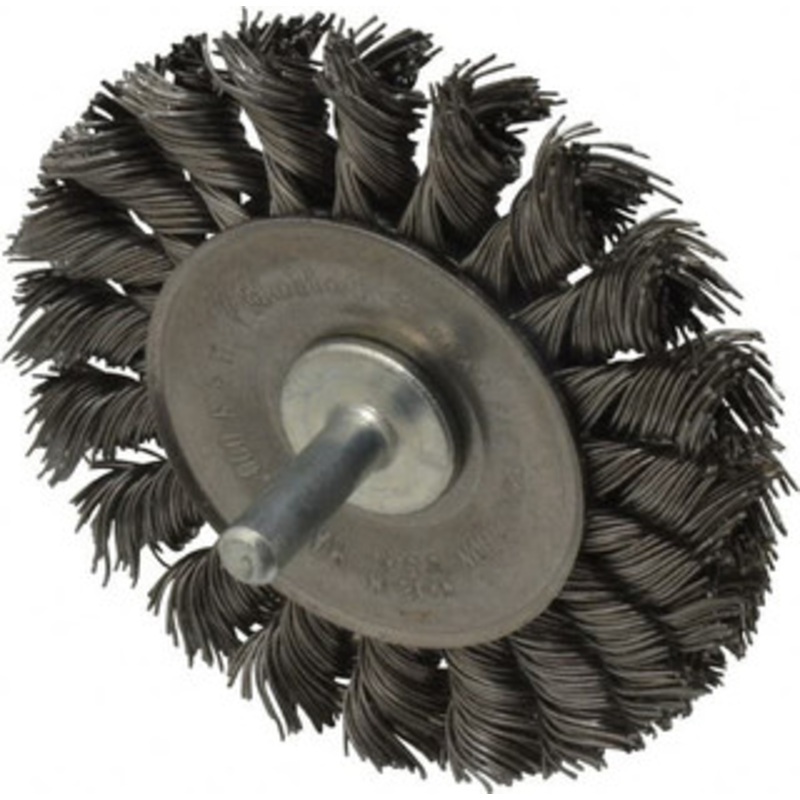 Weiler Abrasives 3-1/4 OD, 1/4 Shank Diam, Knotted Steel Wheel Brush 3/8 Face Width, 5/8 Trim Length, 0.02 Filament Diam, 25,000 RPM 17682 – 75850032