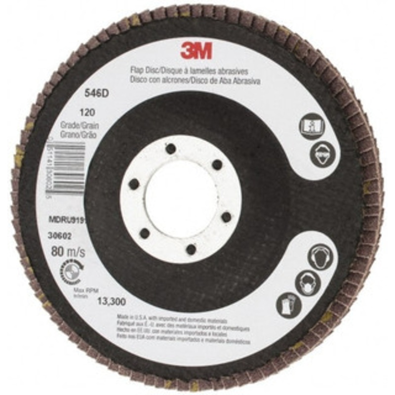 3M 4-1/2 120 Grit 7/8 Center Hole Type 27 Zirconia Alumina Flap Disc Fine Grade, Coated, Arbor Attachment, Cloth Backing 7000119053 – 79110425