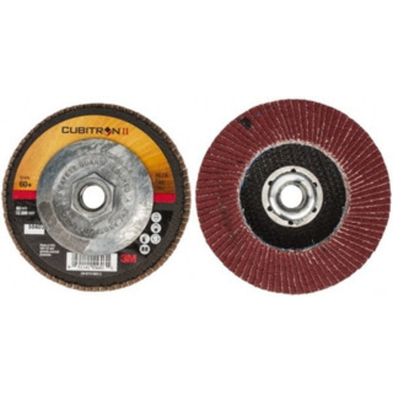3M 4-1/2 60 Grit 5/8-11 Center Hole Type 27 Ceramic Flap Disc Medium Grade, Coated, Arbor Attachment, Cloth Backing, 13,300 RPM 7100058060 – 52673555
