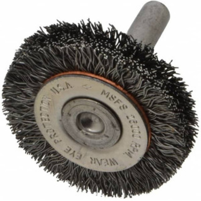 Osborn 1-1/2 OD, 1/4 Shank Diam, Crimped Steel Wheel Brush 3/8 Face Width, 9/32 Trim Length, 0.0118 Filament Diam, 25,000 RPM 0001143400 – 06082036