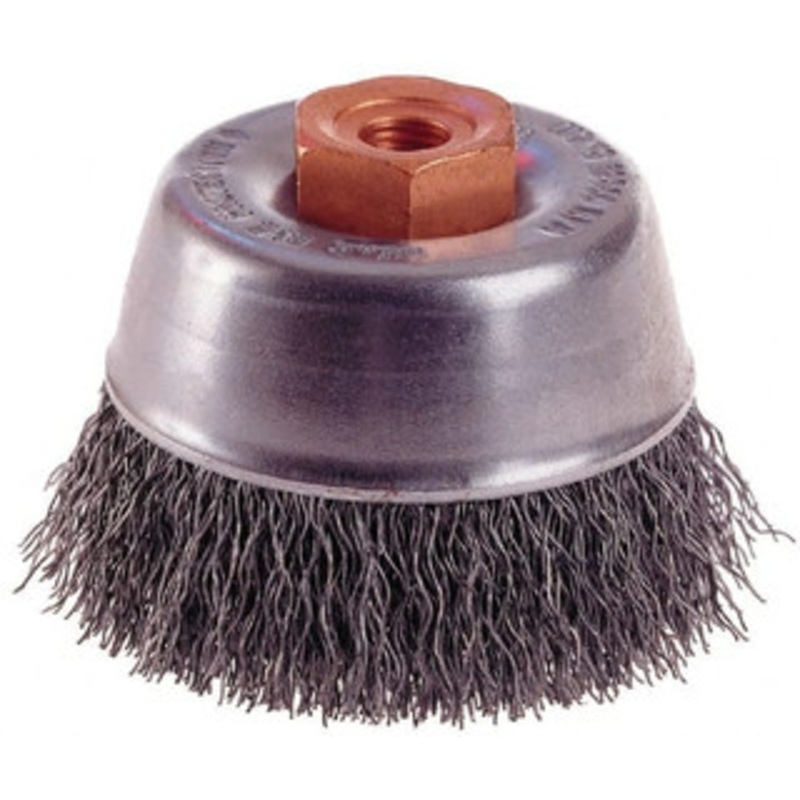 Osborn 2-3/4 Diam M14x2.00 Threaded Arbor Steel Fill Cup Brush Crimped Wire, 0.014 Wire Diam, 1 Trim, 14,000 Max RPM 0003240000 – 00221556