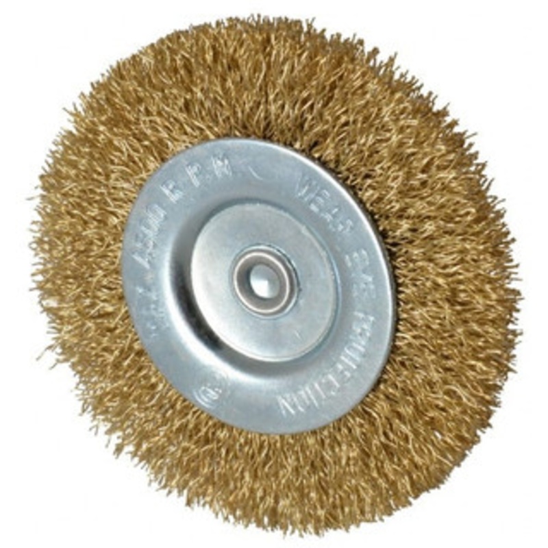 Value Collection 3 OD, 1/4 Shank Diam, Crimped Brass-Coated Steel Wheel Brush 3/8 Face Width, 5/8 Trim Length, 0.015 Filament Diam, 4,500 RPM S04065223 – 04065223