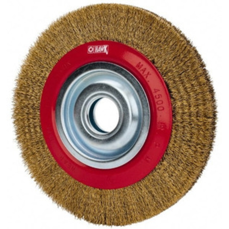 Value Collection 8 OD, 1-1/4 Arbor Hole, Crimped Brass-Coated Steel Wheel Brush 3/4 Face Width, 1-11/32 Trim Length, 0.012 Filament Diam, 4,500 RPM S04064804 – 04064804